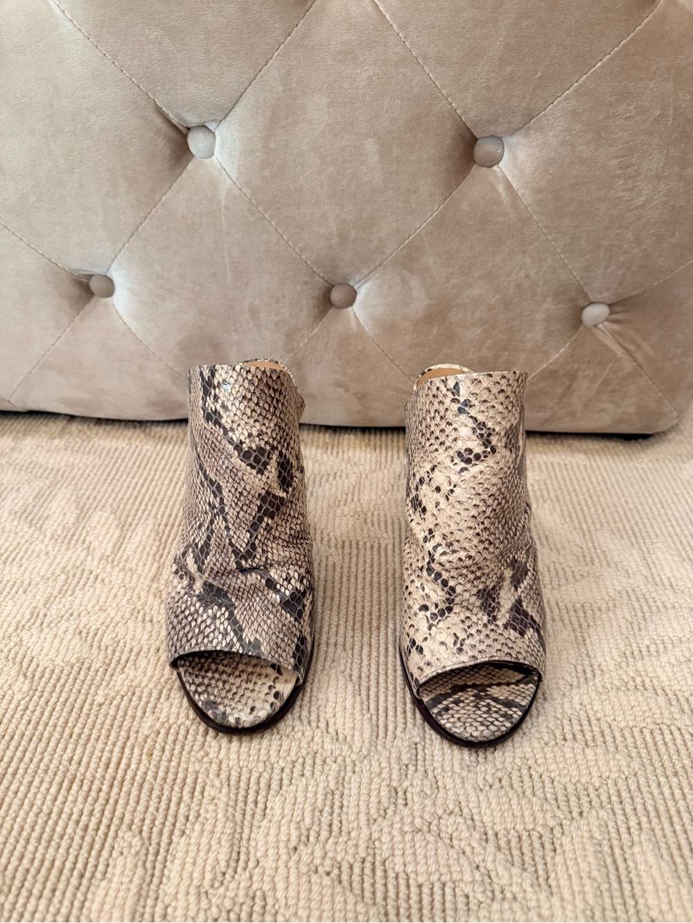 Women's Snake-Print Open-Toe Mules in Beige